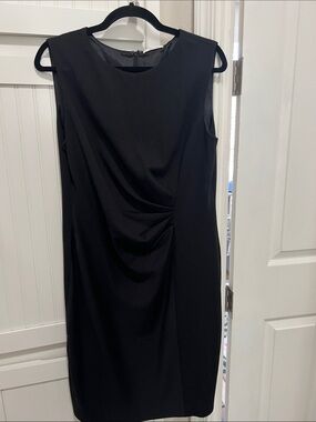 Tahari Black Sleeveless Midi Sheath Dress with Side Draping